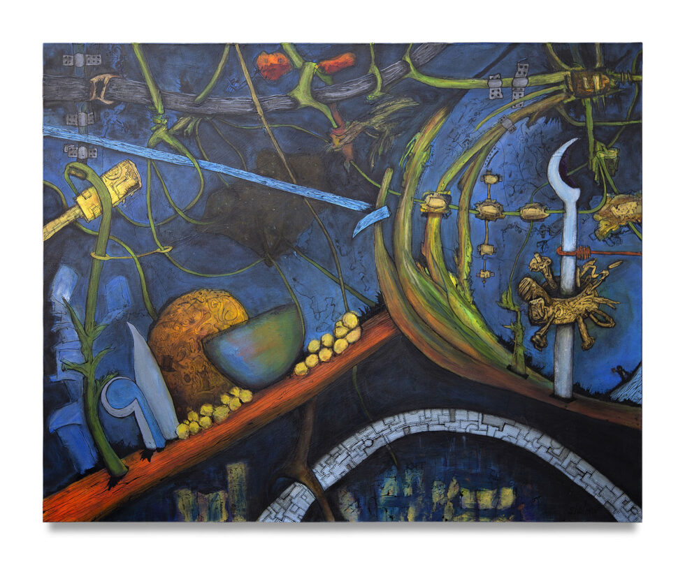 Dave Shulman - Where I'm Calling From, India ink, acrylic, gesso, coffee, on canvas, 48 x 60 inches ●